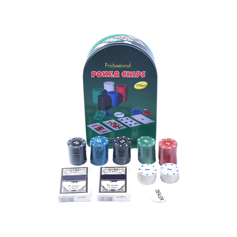 Cutie metalică arcuită verde 120 de jetoane cu cărți și buton dealer Set de jetoane de poker profesionale
