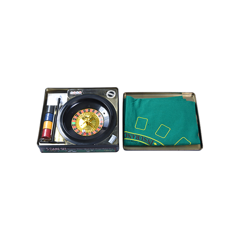 Set de jocuri de cazinou 5 în 1 – Ruletă, Poker, Black Jack, Craps, zaruri de poker în tablă de metal