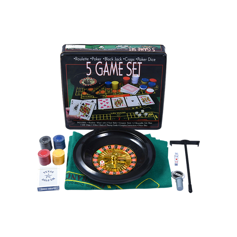 Set de jocuri de cazinou 5 în 1 – Ruletă, Poker, Black Jack, Craps, zaruri de poker în tablă de metal