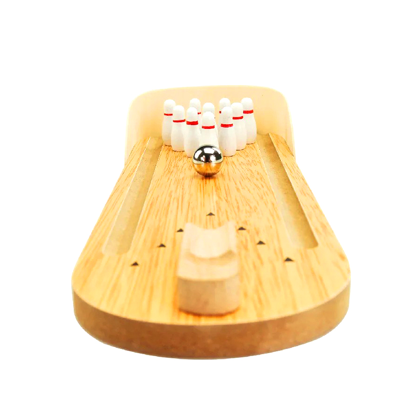 Set compact din lemn cu bilă de oțel și știfturi Mini joc de bowling de birou