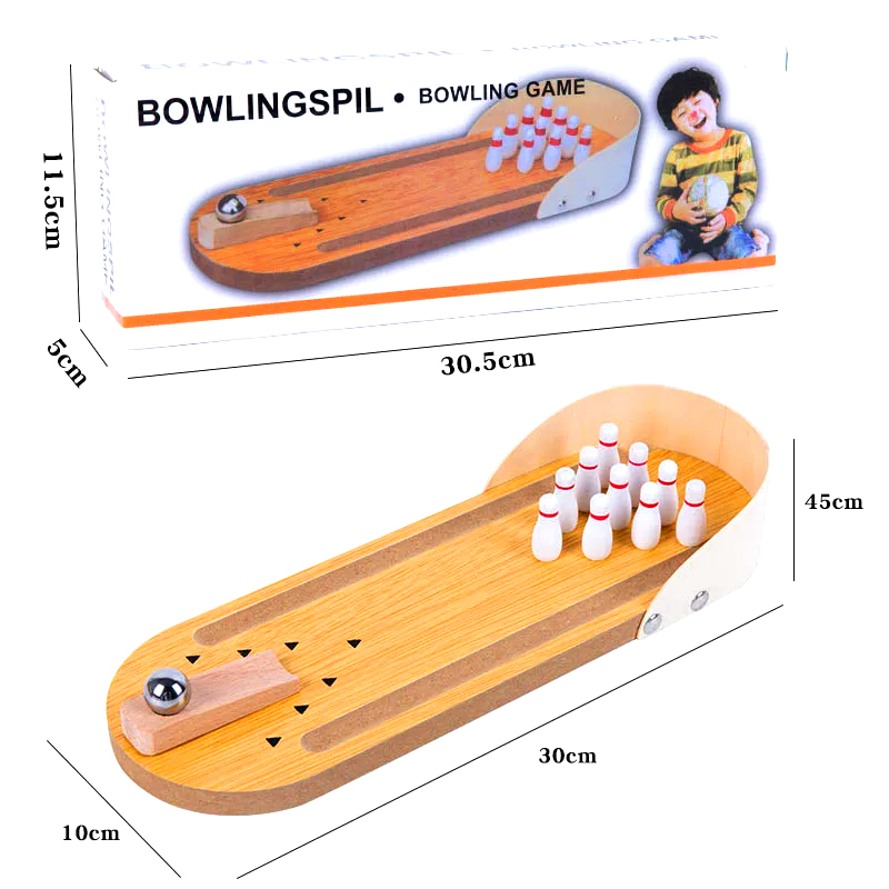 Set compact din lemn cu bilă de oțel și știfturi Mini joc de bowling de birou
