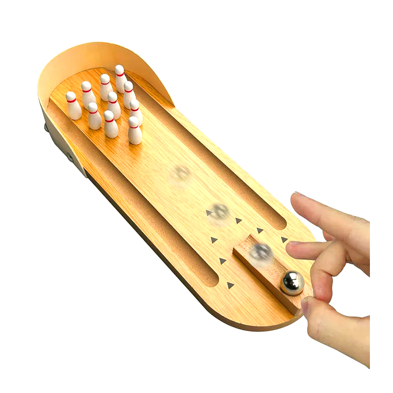 Set compact din lemn cu bilă de oțel și știfturi Mini joc de bowling de birou