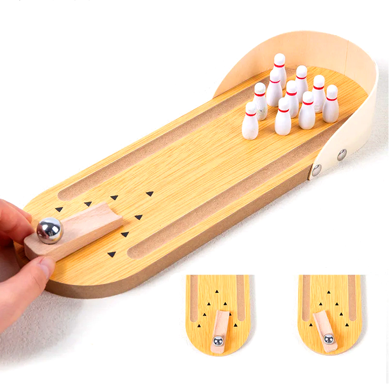 Set compact din lemn cu bilă de oțel și știfturi Mini joc de bowling de birou