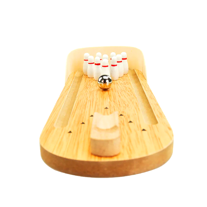 Set compact din lemn cu bilă de oțel și știfturi Mini joc de bowling de birou