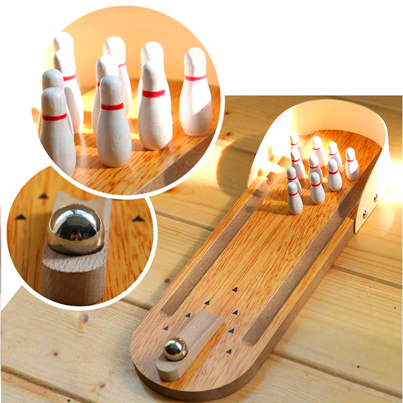 Set compact din lemn cu bilă de oțel și știfturi Mini joc de bowling de birou